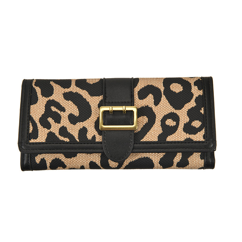 Leopard Pattern Long Purse Trifold Clutch Vintage Buckle Wallet