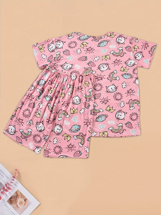  Cat & Strawberry & Rainbow Print Pajama Set