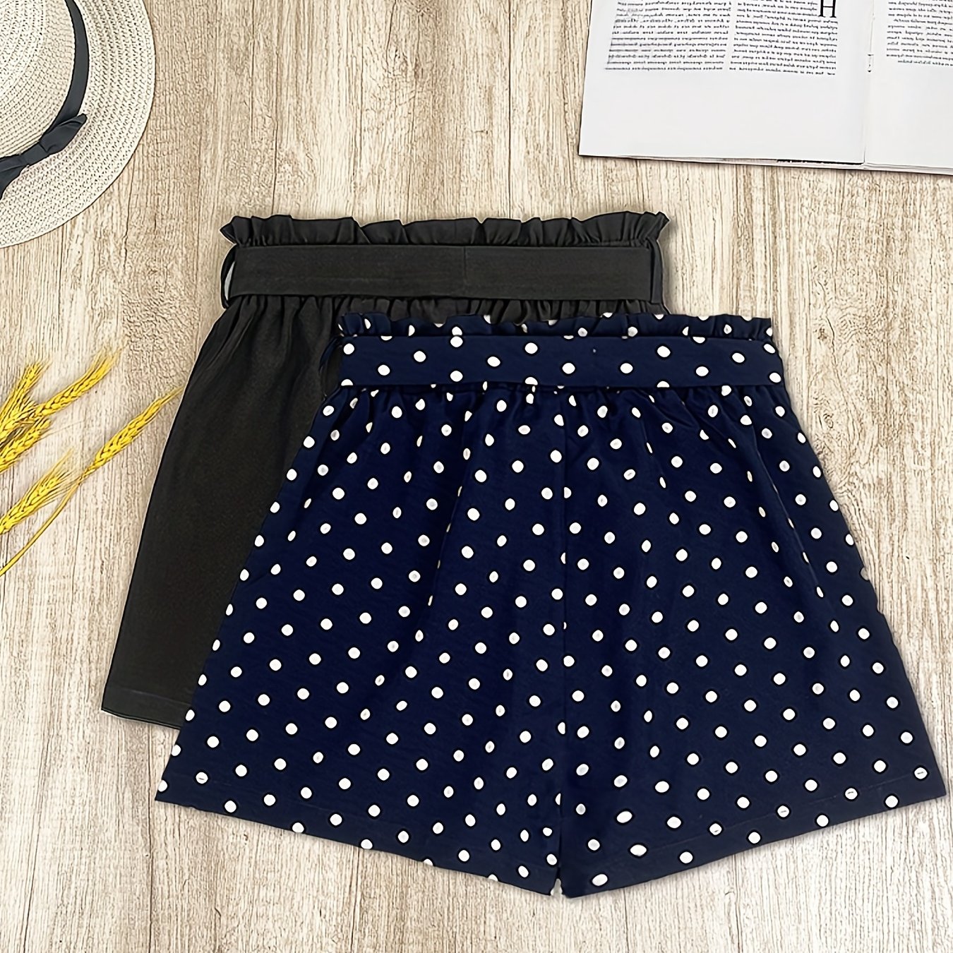 2 Pack Women's Casual Shorts: Solid Elastic & Polka Dot Tie Waist