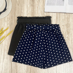 2 Pack Women's Casual Shorts: Solid Elastic & Polka Dot Tie Waist