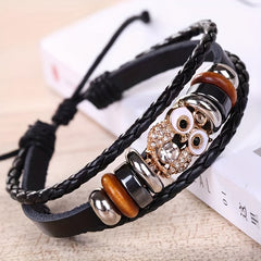 Vintage Owl PU Leather Bracelet with Zircon