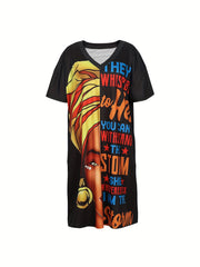 Colorblock Figure & Slogan Print V Neck Dress With Pockets