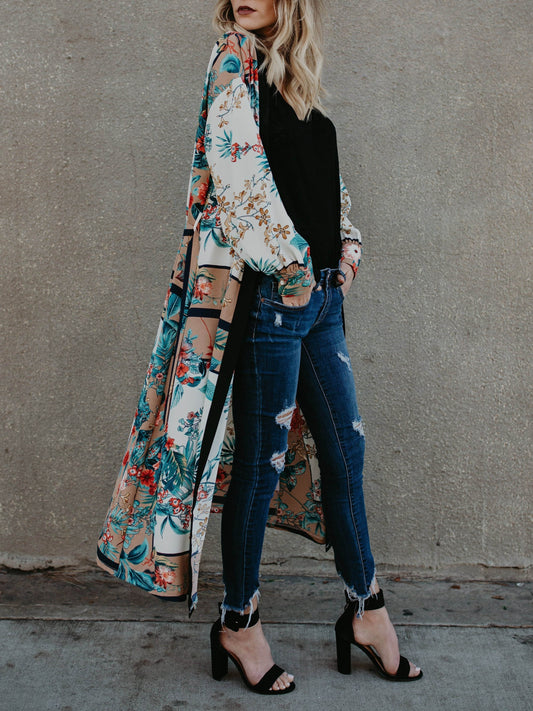 Floral Print Chiffon Long Sleeve Cover Up Beach Cardigan