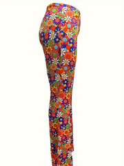 Floral Print Flared Leg Plus Size Pants Medium Stretch Trousers