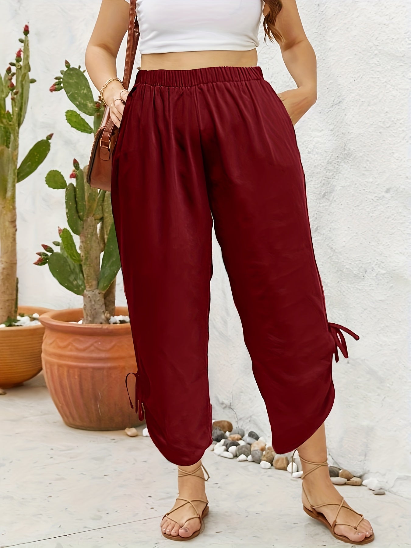 Women's Plus Size High Rise Knot Side Pants With Pockets