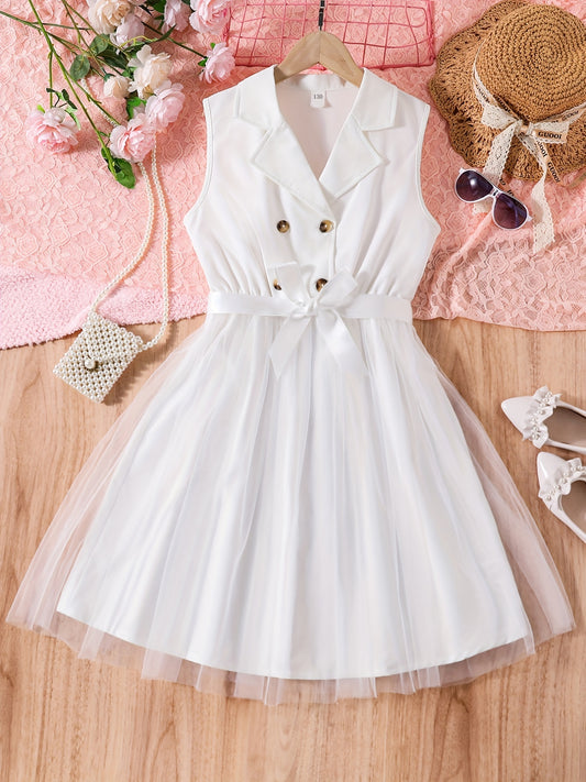 Girls Lapel Collar Sleeveless Shirt Dress Casual Outfit