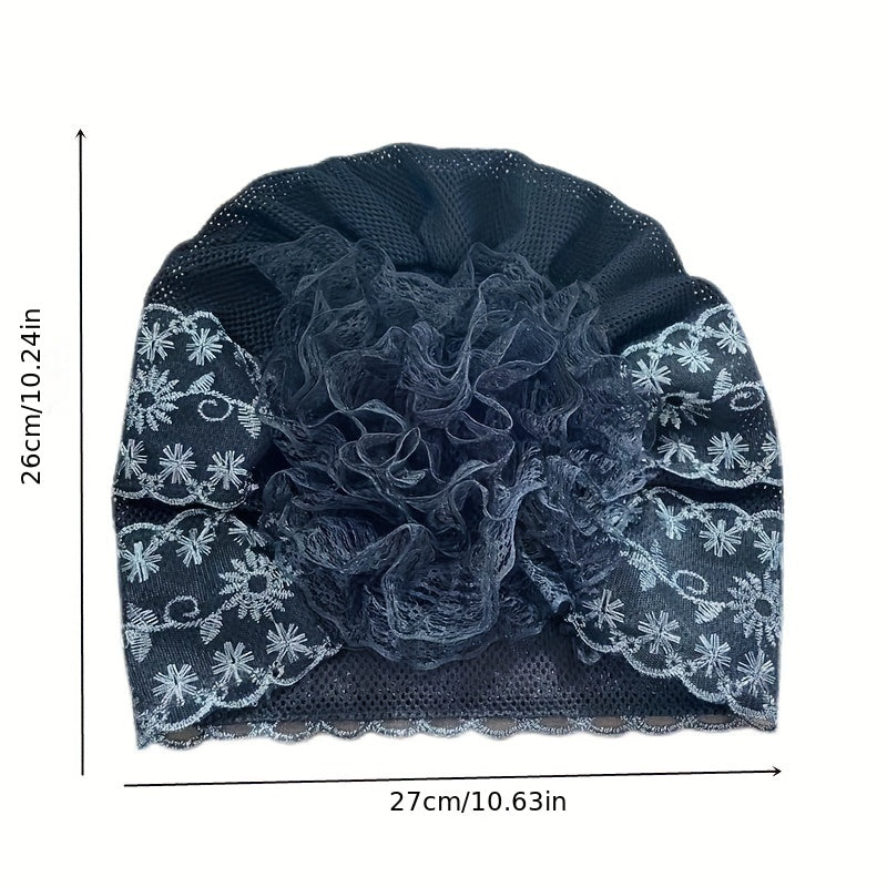 Floral Embroidery Lace Beanie Solid Turban Cap