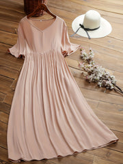 Plus Size Solid Short Sleeve V Neck Ruched Dress