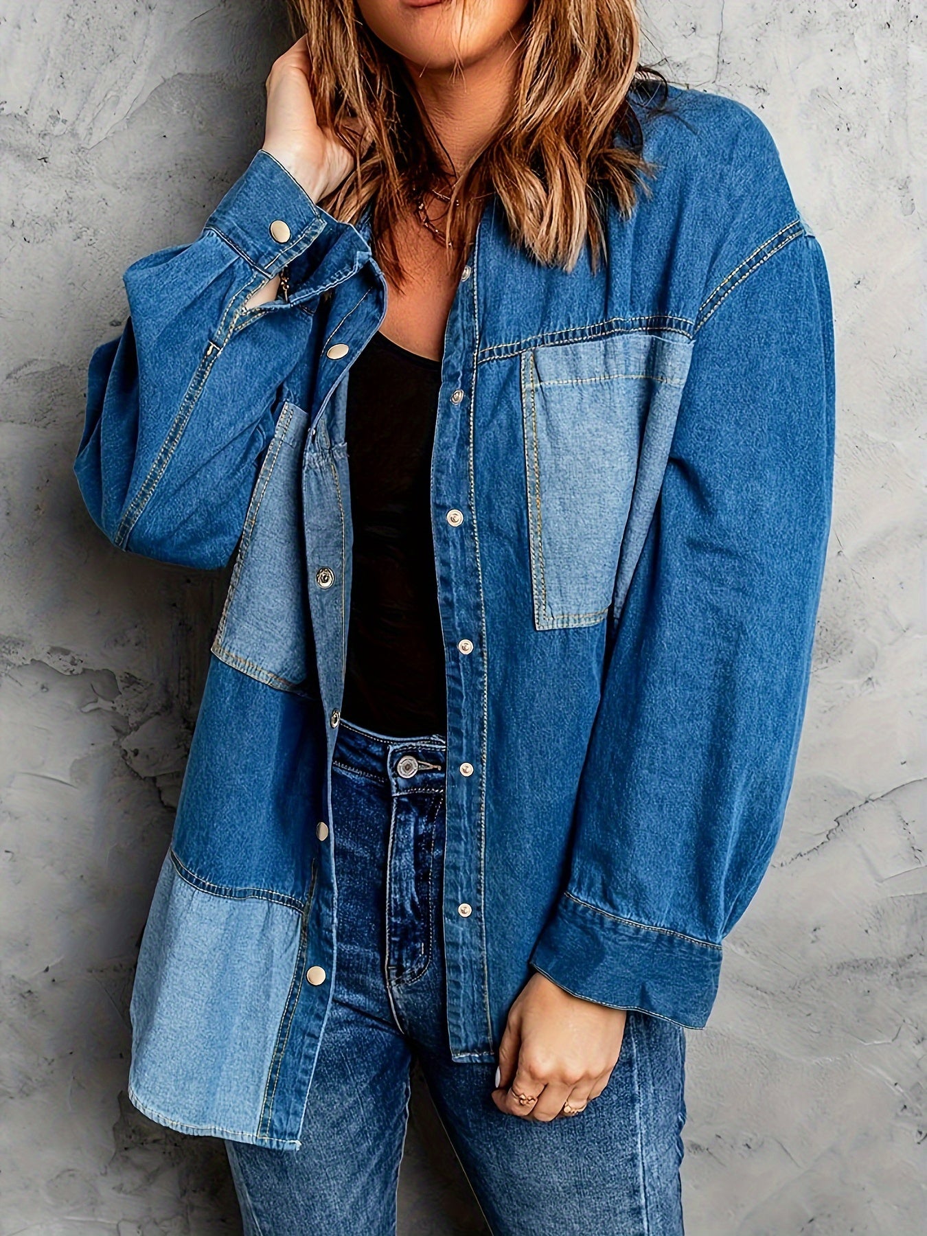  Colorblock Denim Top Women's Long Sleeve Button Up Loose Fit Shirt
