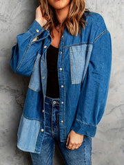  Colorblock Denim Top Women's Long Sleeve Button Up Loose Fit Shirt