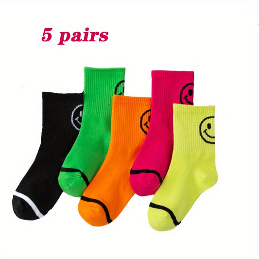 5Pairs Boys Cute Smiley Face Crew Socks for All Seasons