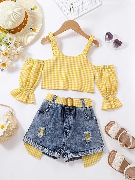 Girls Cold Shoulder Plaid Crop Top & Denim Shorts Set Summer Clothes