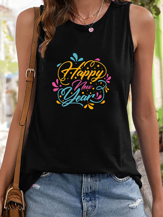 Happy Year Letter Sleeveless Sports Vest Stretchy Casual Tops