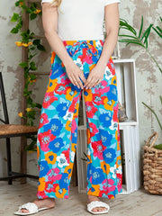 Women's Plus Floral Print Elastic Drawstring Beachwear Wide Leg Pants