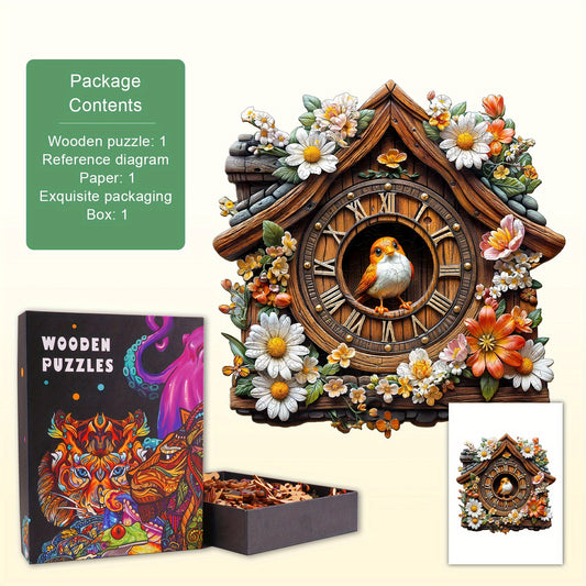 Bird Clock Wooden Puzzle Animal Shape Jigsaw Colorful Flowers & Bird Decorative