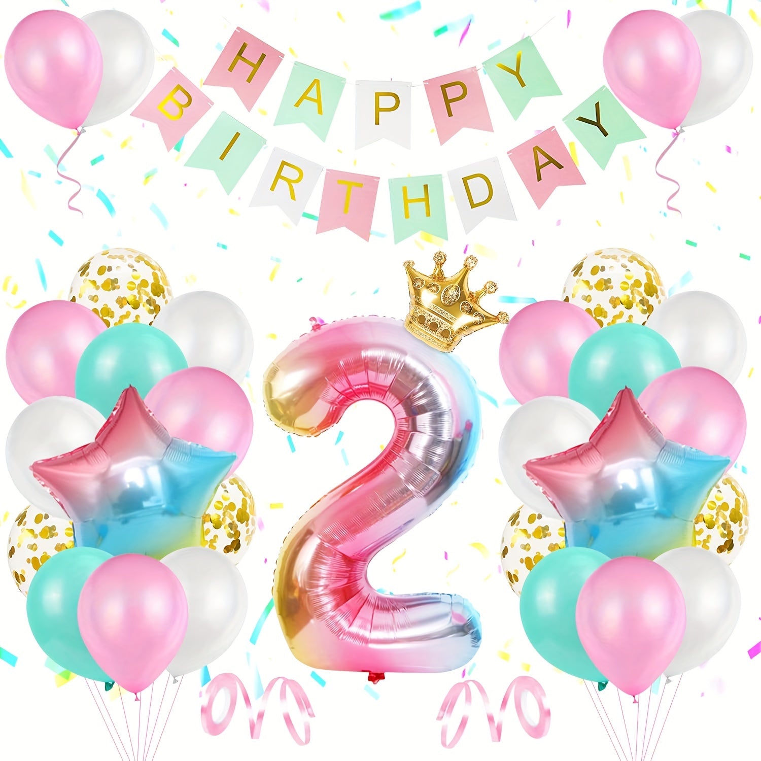 2nd Birthday Party Decorations Set, Pink Star Foil Balloon