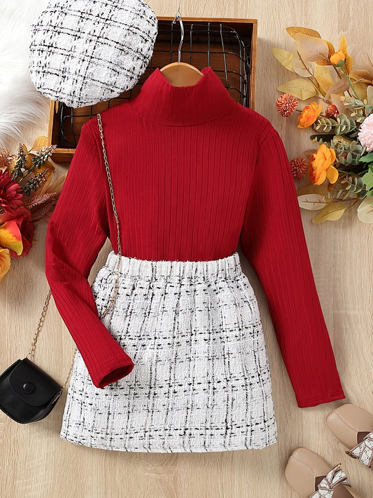 Girl's Ribbed Turtleneck Top & Tweed Skirt Set