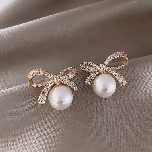 18K Plated Bow Rhinestone Pearl Stud Earrings Women's Jewelry