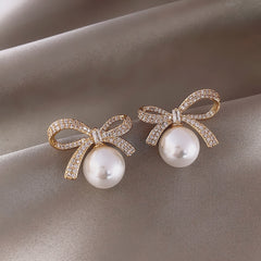 18K Plated Bow Rhinestone Pearl Stud Earrings Women's Jewelry