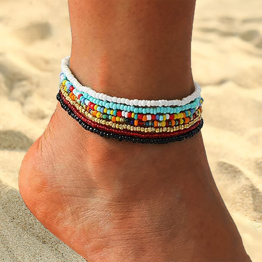 Boho Beaded African Anklets Multicolor Stretch Seed Beads 
