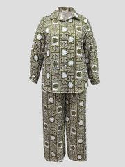  Greek Print Button Up Blouse & Wide Leg Pants Set