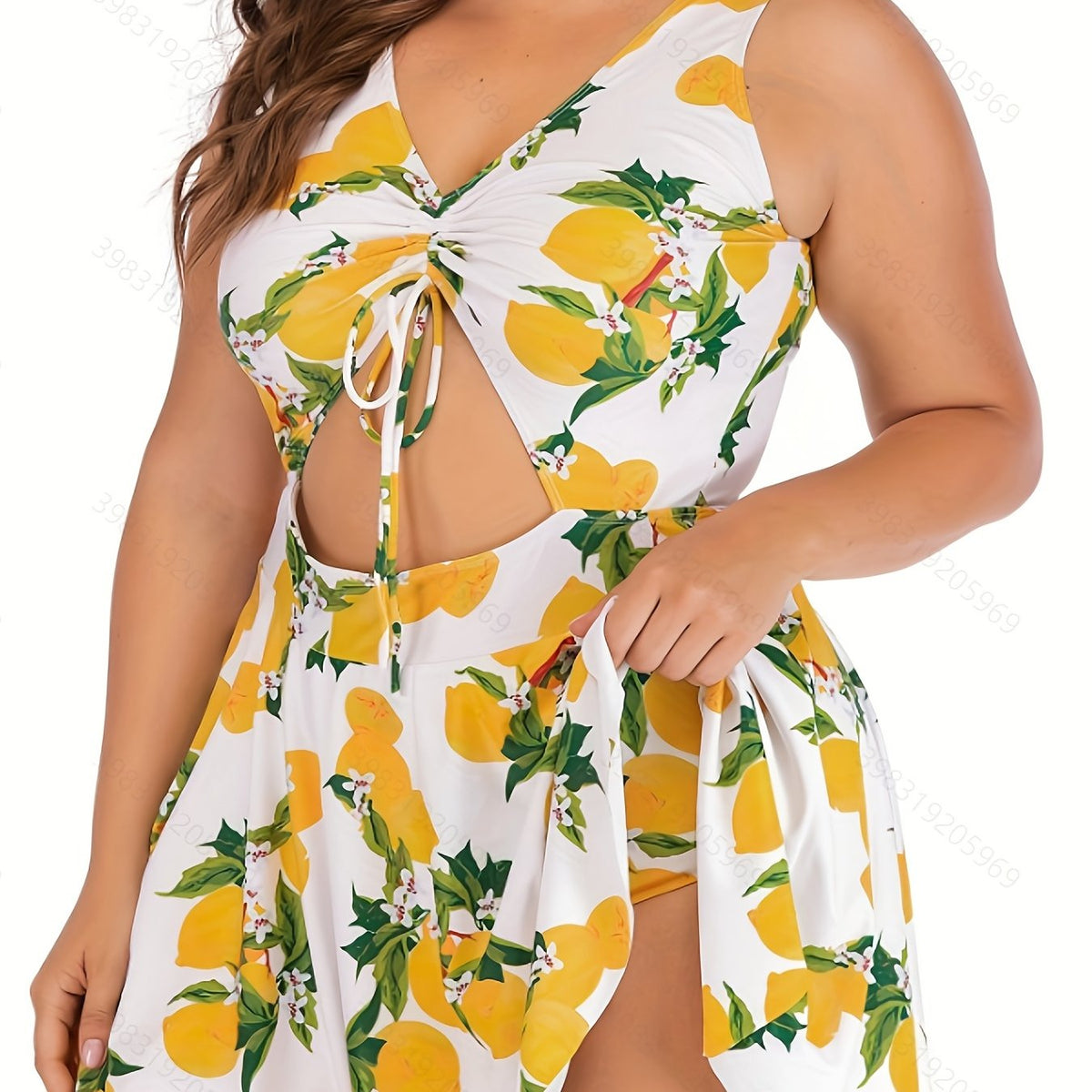  Lemon Print Cut Out Tankini Set