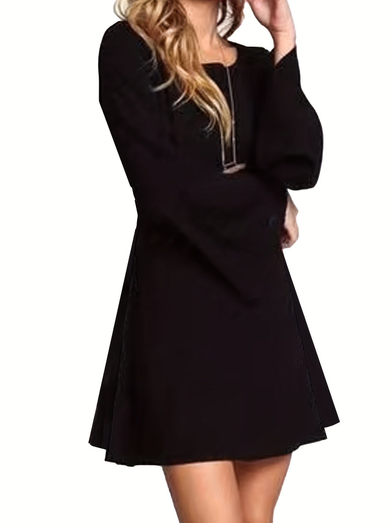  Dress Women's Solid Bell Sleeve Round Neck Frill Trim Dress