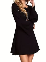  Dress Women's Solid Bell Sleeve Round Neck Frill Trim Dress
