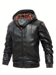 Men's Pu Leather Hooded Jacket Windproof Warm Thermal Jacket