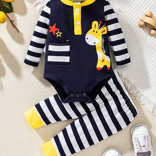 Deer Pattern Romper Striped Pants Set Baby Layette