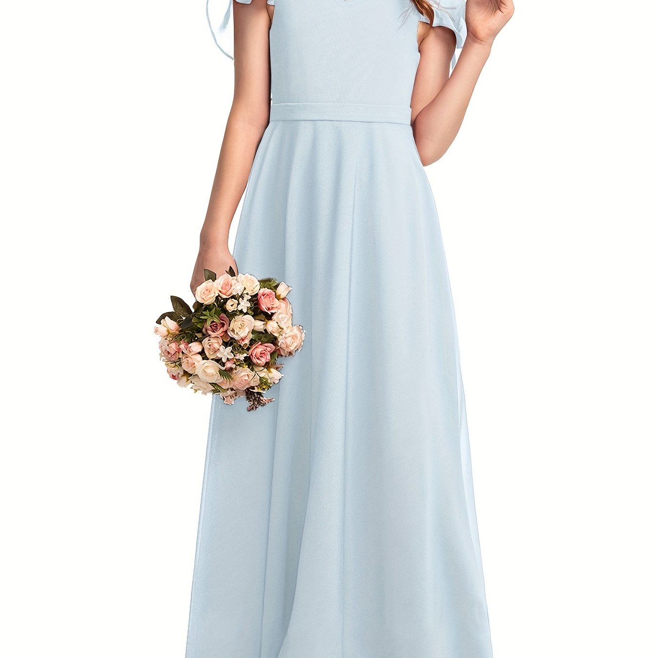 Girls Flounce Sleeve V Neck Bridesmaid Dress For Wedding
