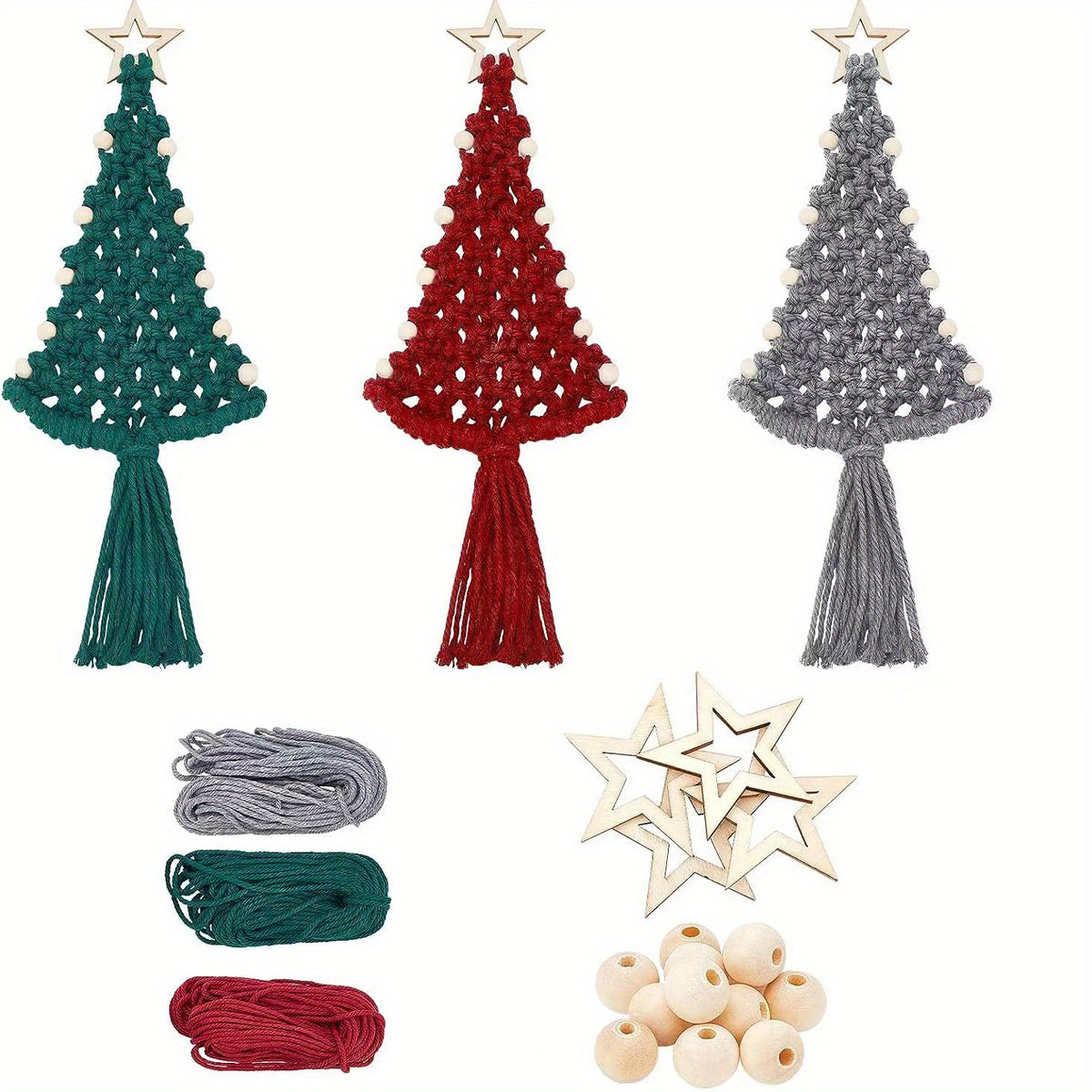 3pc Christmas Tree Macrame DIY Kit Holiday Wall Hanging Decoration