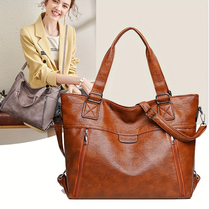 Large Capacity PU Leather Women's Shoulder Bag with Zipper Closure