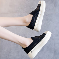 Women's Platform Lace Loafers Round Toe Hollow Out Slip On Shoes