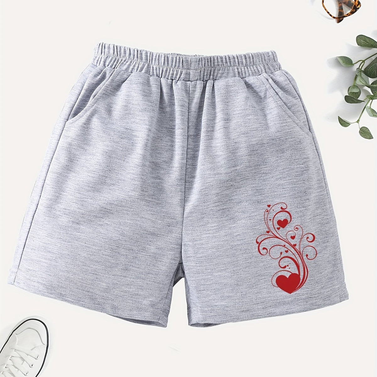 Girls' Casual Swirls & Heart Graphic Elastic Waist Shorts