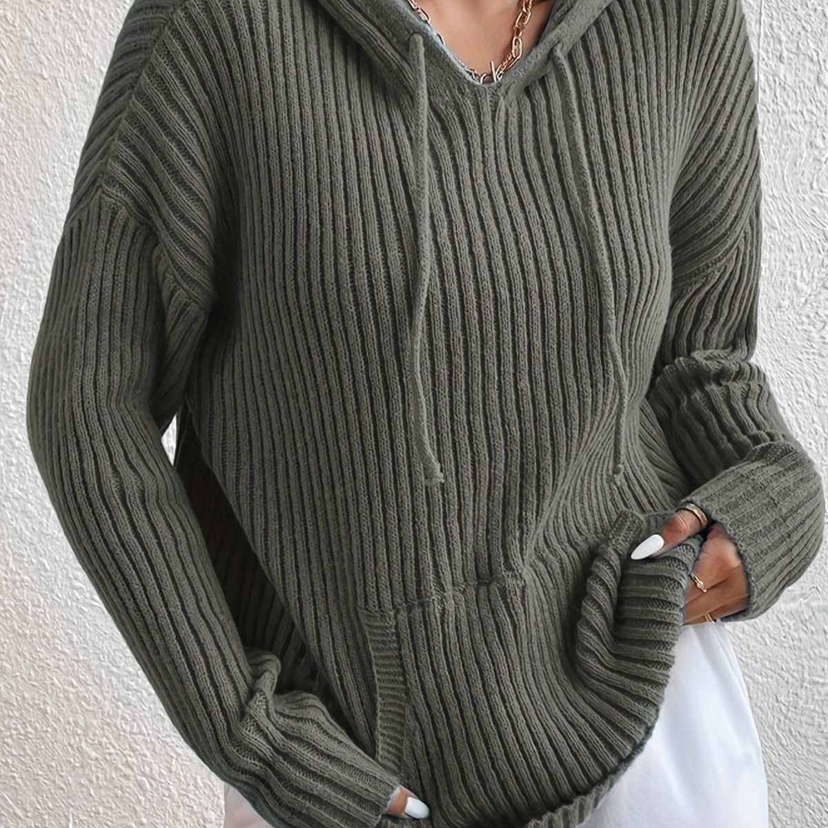  Solid Ribbed Long Sleeve Hooded Knit Top