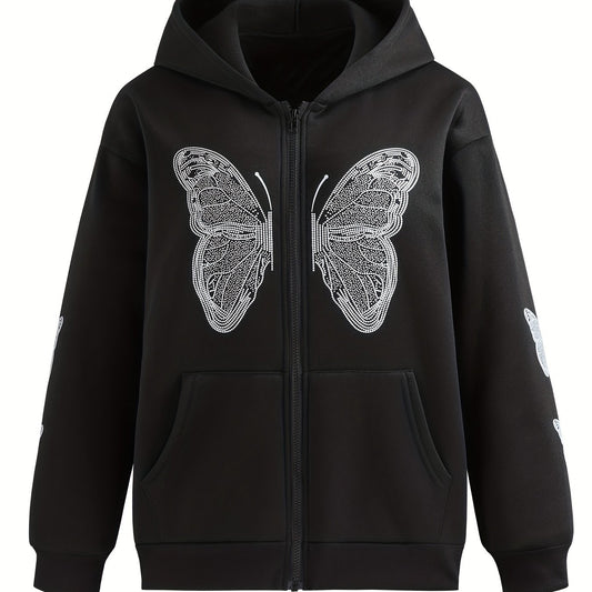 Butterfly Print Sweatshirt Y2K Zip Up Hoodie Casual Tops