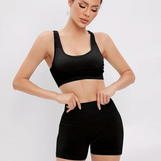 2pcs Hollow Back Sports Bra & High Waist Butt Lifting Shorts Set