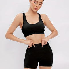 2pcs Hollow Back Sports Bra & High Waist Butt Lifting Shorts Set