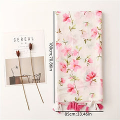 Pink Flower Print Scarf Gauze Tassel Shawl Casual Windproof Head Wrap