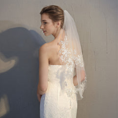 Double Layer Bridal Veil with Lace Detailing Wedding Accessory