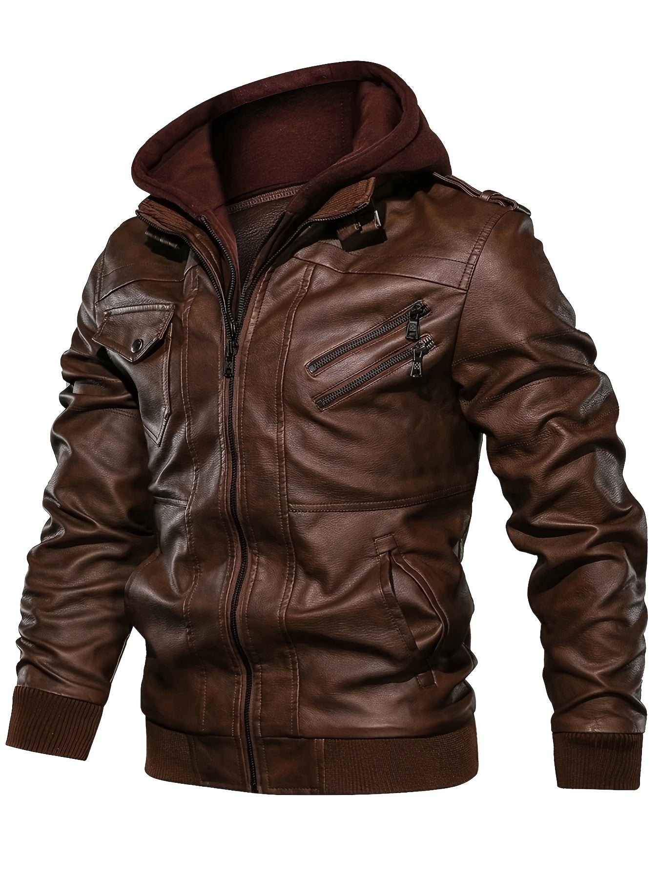 Men's PU Leather Hooded Zipper Jackets with Pockets
