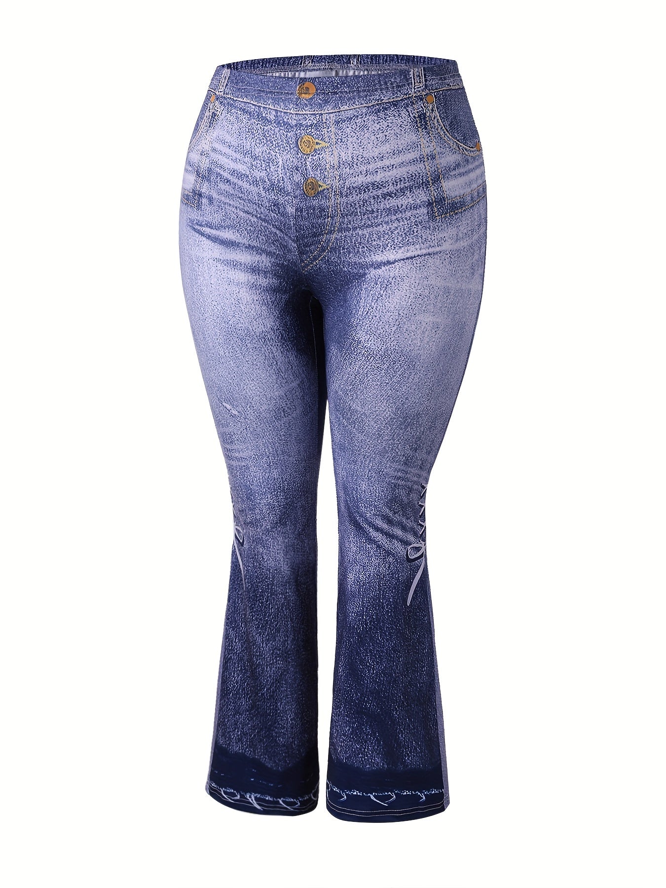  Denim Print High Rise Flare Leg Pants