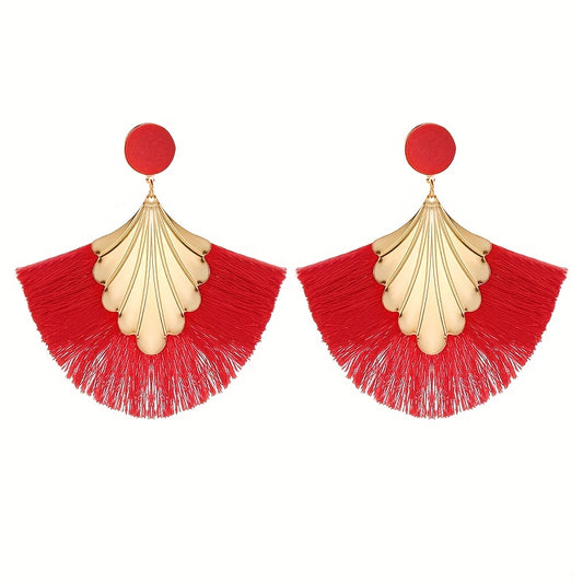 Fan Shape Tassel Retro Boho Dangle Earrings Alloy 18K Plated