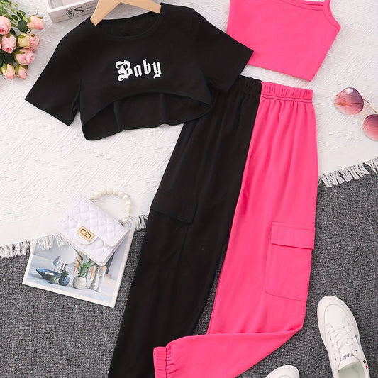 3pcs Kid Girls Clothes 'Baby' Letter Cover Up Tee Cami Crop Top Pants Set