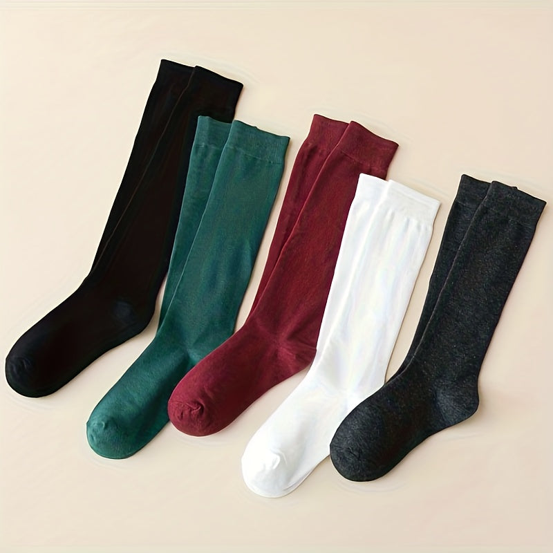 5 Pairs Solid Calf Socks Slim Knee High Socks Women's Stockings