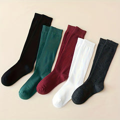 5 Pairs Solid Calf Socks Slim Knee High Socks Women's Stockings