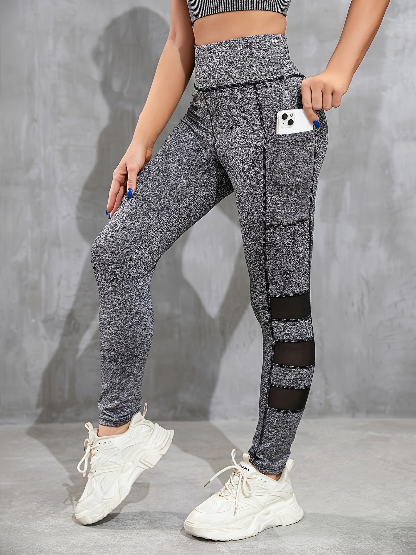 Mesh Stitching Yoga Leggings With Phone Pocket High Waist Yoga Pants