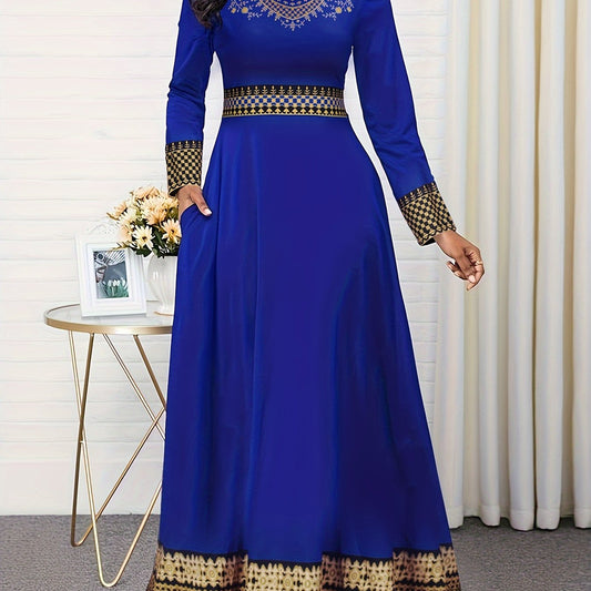  Ethnic Style Maxi Dress Colorblock Tribal Print Long Sleeve Round Neck