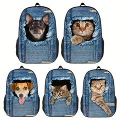 Creative Dog Cat Denim Printed Backpack for Kids Boys Girls